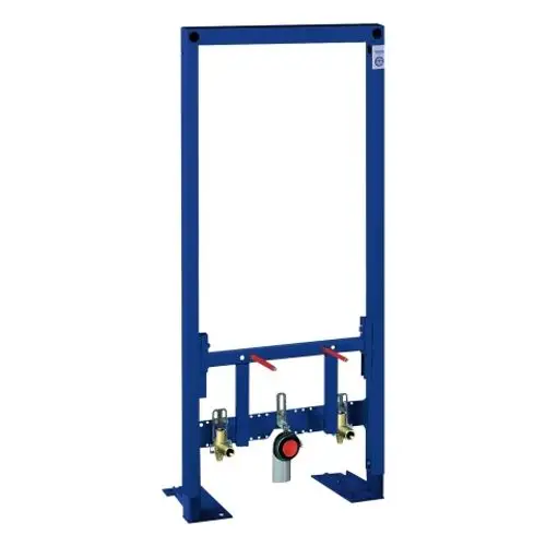 Blaues Montagesystem für Sanitärinstallationen mit drei Anschlüssen. Geeignet für die Installation von Bidets, hergestellt von Grohe.