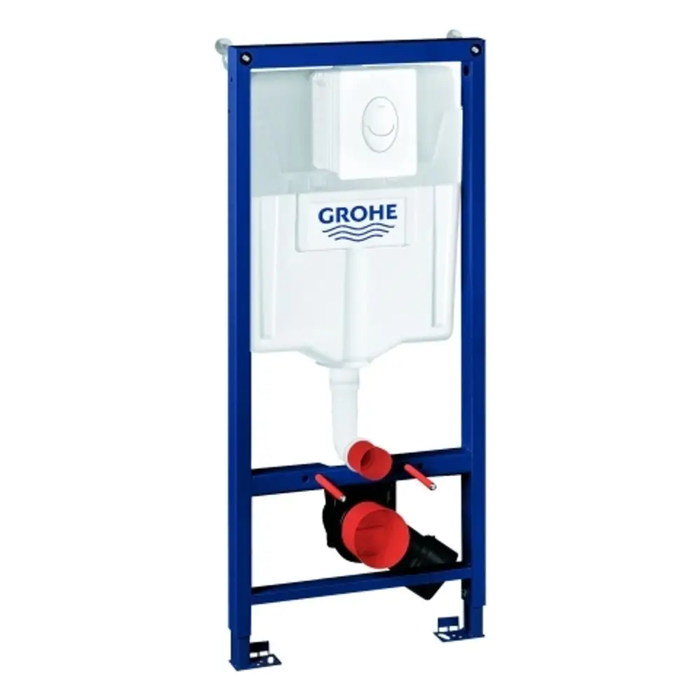 Wandmontiertes Toiletten-Set von Grohe mit einem weißen Spülkasten in einem blauen Metallrahmen und roten Anschlussstücken zur Wasserleitung.