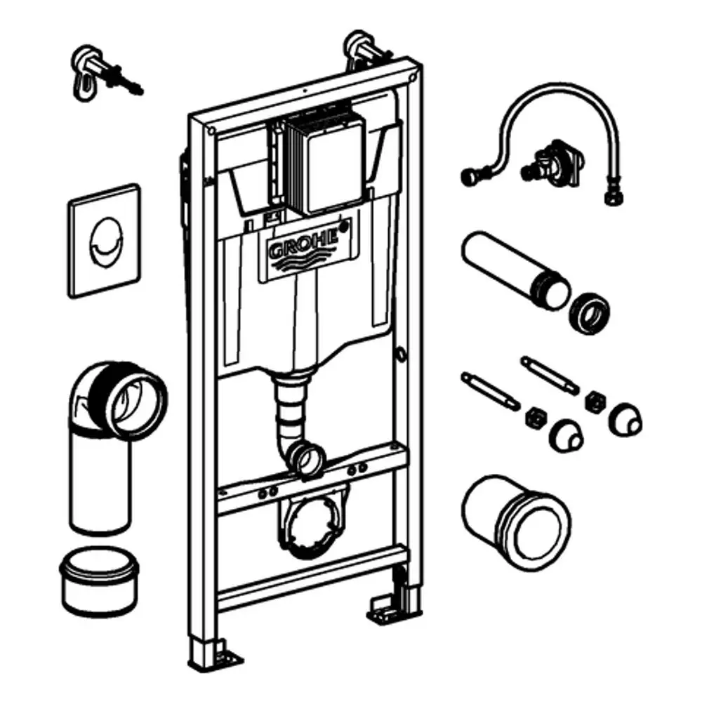 GROHE WC-Set bestehend aus einem Montagerahmen mit verschiedenen Zubehörteilen zur Installation. Komponenten sind eindeutig abgebildet und umfassen Rohr- und Befestigungselemente.