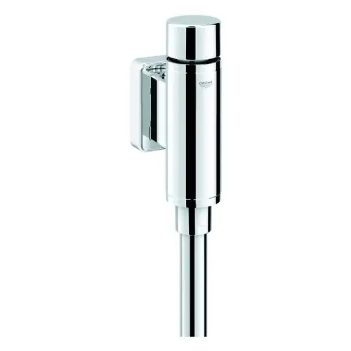 Chromfarbener Urinaldruckspüler von Grohe mit runder Form und seitlichem Bedienhebel, montiert an einer Wand.