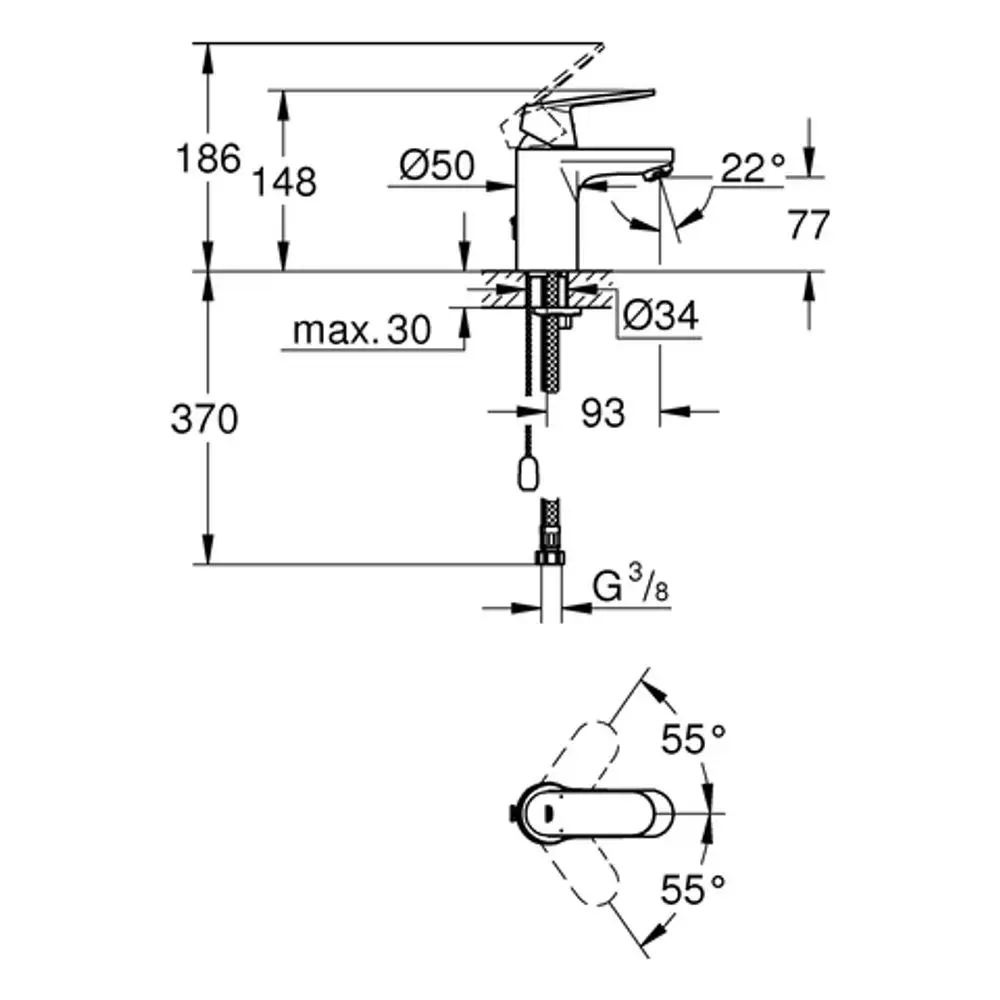 GROHE-Waschtischarmatur mit einem klaren Design und verchromter Oberfläche, mit Abmessungen und Montageanleitungen für die Installation.