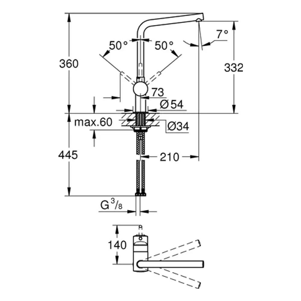 Einhand-Spültischbatterie von Grohe mit einem L-Auslauf, dargestellt in technischen Zeichnungen mit spezifischen Abmessungen und beweglichen Teilen.