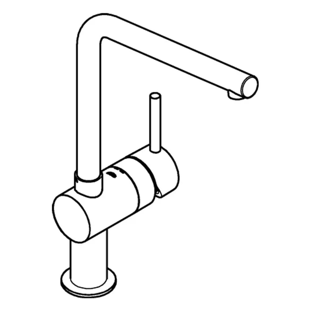 Einhand-Spültischbatterie von Grohe mit L-Auslauf und klaren Linien, geeignet für moderne Küchen. Der Wasserhahn hat einen hohen Auslauf für einfache Bedienung.