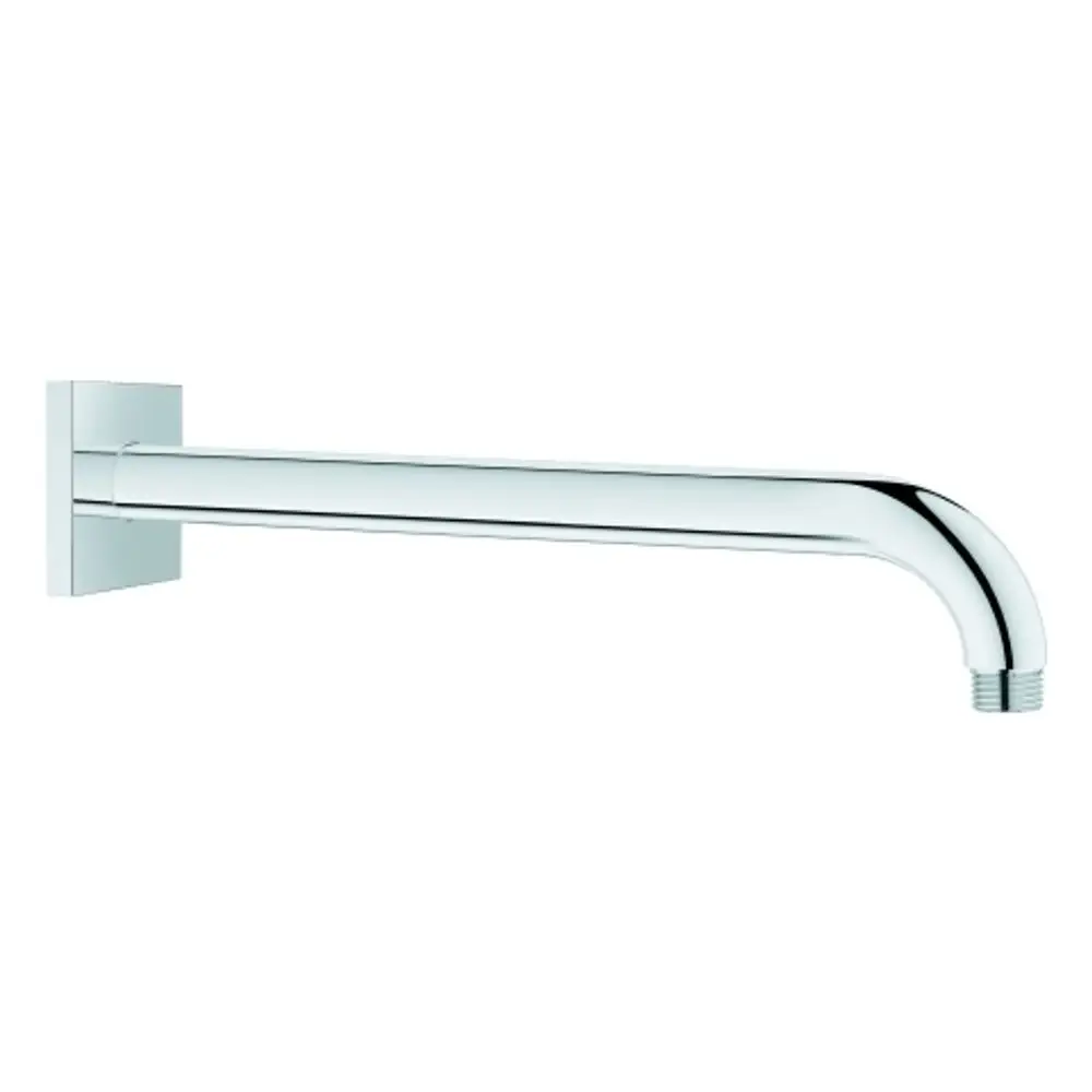 Grohe Brausearm in glänzendem Chrom, mit einer geraden Linie und abgerundetem Ende, montiert an einer quadratischen Wandplatte.