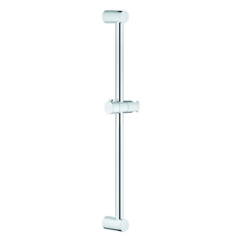 Helle Chrom-Brausestange von Grohe, vertikal montiert, mit einer einfachen, geraden Form und runden Enden für die Befestigung in einem Badezimmer.