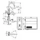 Schaltplan eines Grohe Wasserfiltersystems mit Auslaufarm und Bedienfeld. Linien und Maßangaben sind sichtbar, inklusive Anschlussdetails und Bewegungsbereich des Auslaufs.