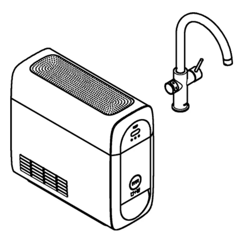 GROHE Gerät mit einem C-Auslauf neben einem Wasserhahn, beide in einem schlichten Design. Die Oberflächen sind glatt und die Anordnung zeigt eine Küchensituation.