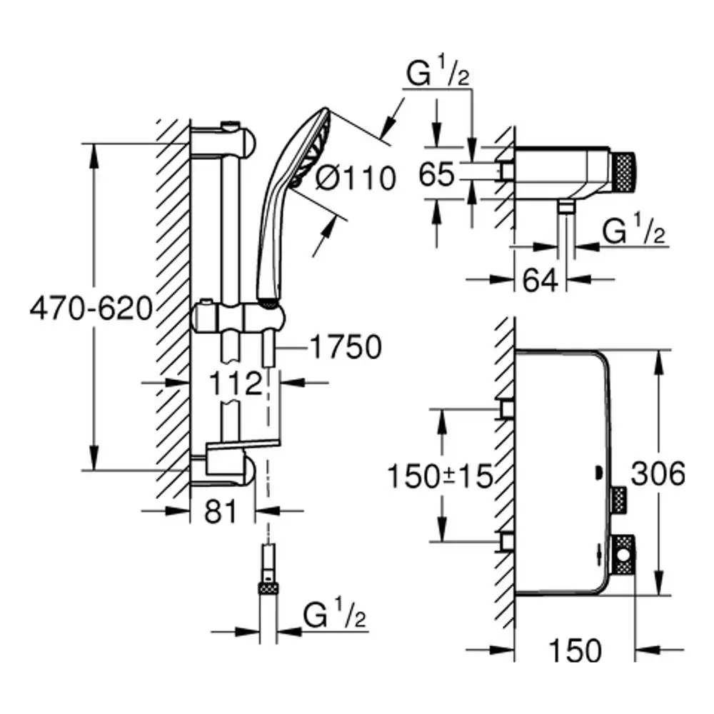Technische Zeichnung einer Grohe-Dusche, die Details wie Abmessungen, Anschlussmöglichkeiten und Montagehinweise zeigt. Verschiedene Ansichten des Produkts sind abgebildet.