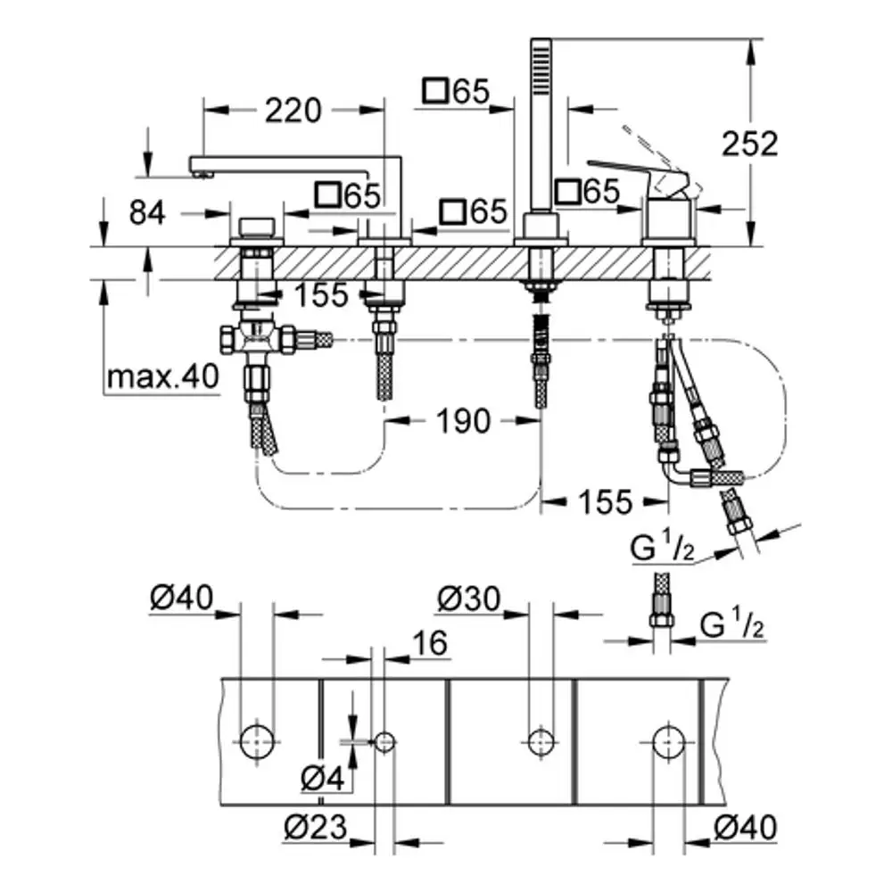 Technische Zeichnung einer GROHE 4-Loch-Wannenarmatur mit verschiedenen Anschlüssen und Maßen, dargestellt in einer schematischen Ansicht.