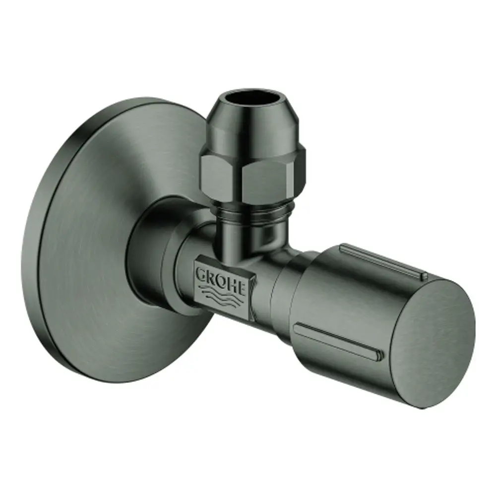 GROHE Eckventil mit Metallgriff in gebürsteter Oberfläche, montiert an einer Wandplatte, mit Anschluss für Wasserleitungen.