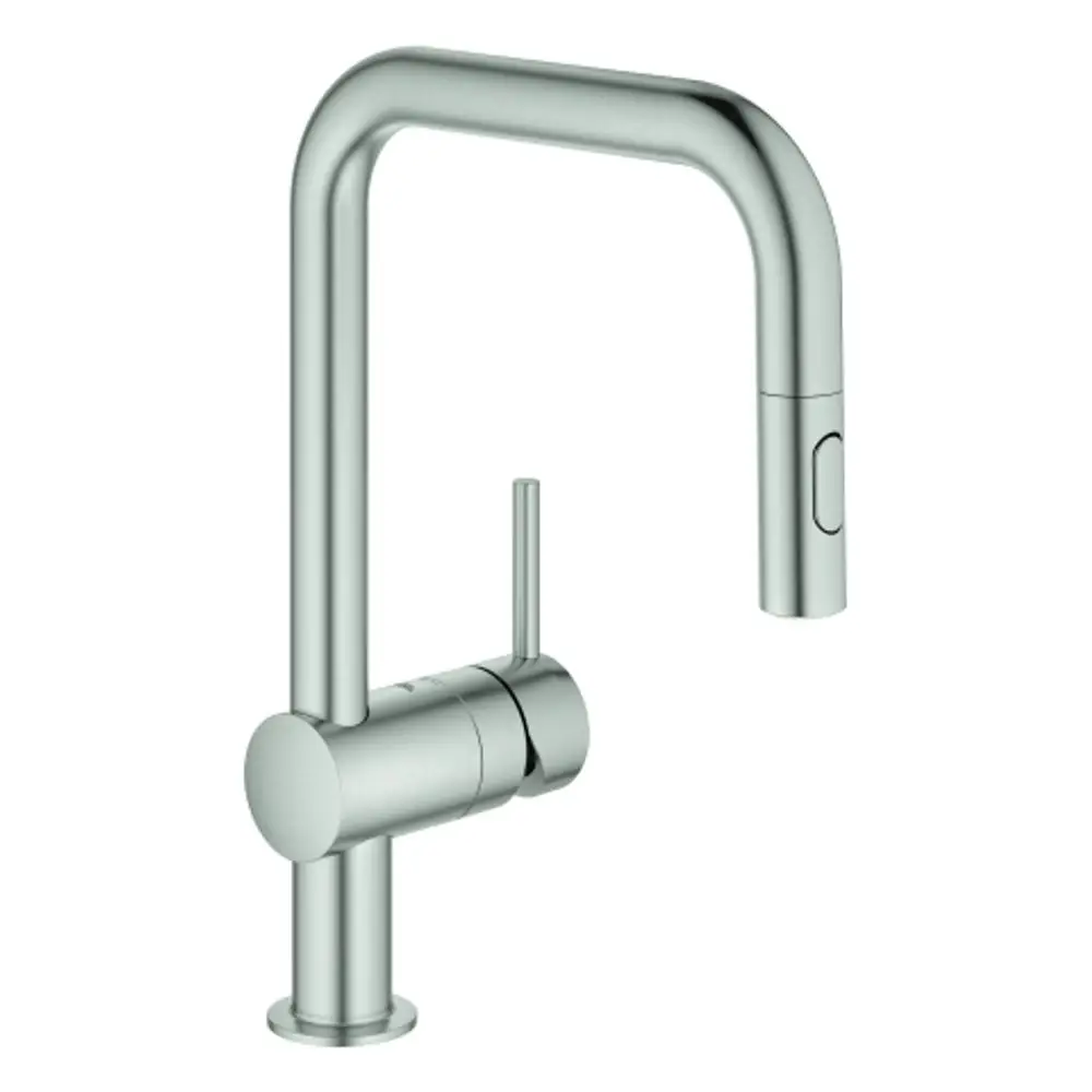 Küchenarmatur von Grohe mit U-Auslauf und Spülbrause in Edelstahloptik. Der Hebel zur Temperatur- und Wassermengenregelung befindet sich an der Seite.