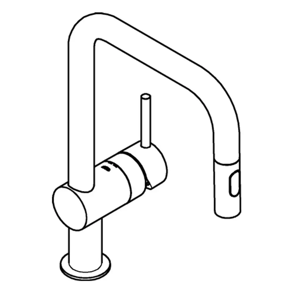 Grohe Armatur mit U-Auslauf und Spülbrause, einfache Linienführung, montiert auf einer stabilen Basis. Ideal für Kücheneinsätze.