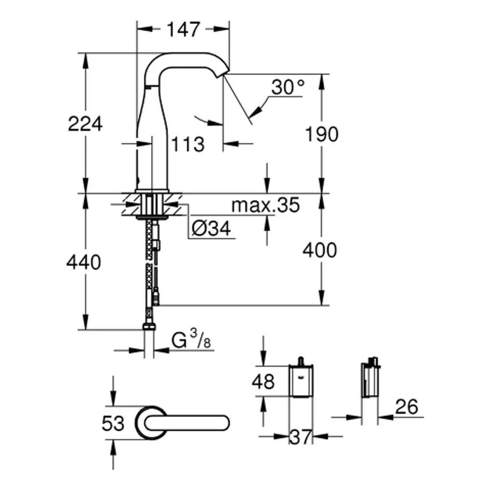 GROHE elektronische Armatur mit gebogenem Auslauf, montiert auf einer flachen Basis. Abmessungen im Diagramm angegeben, Anschlussdetails sichtbar.