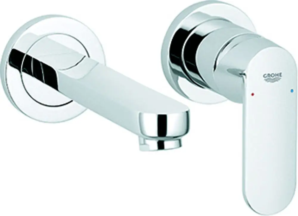 Wandmontierte Grohe Armatur in Chromausführung mit einem langen Auslauf und einem integrierten Hebel zur Temperatur- und Wassermengenregelung.