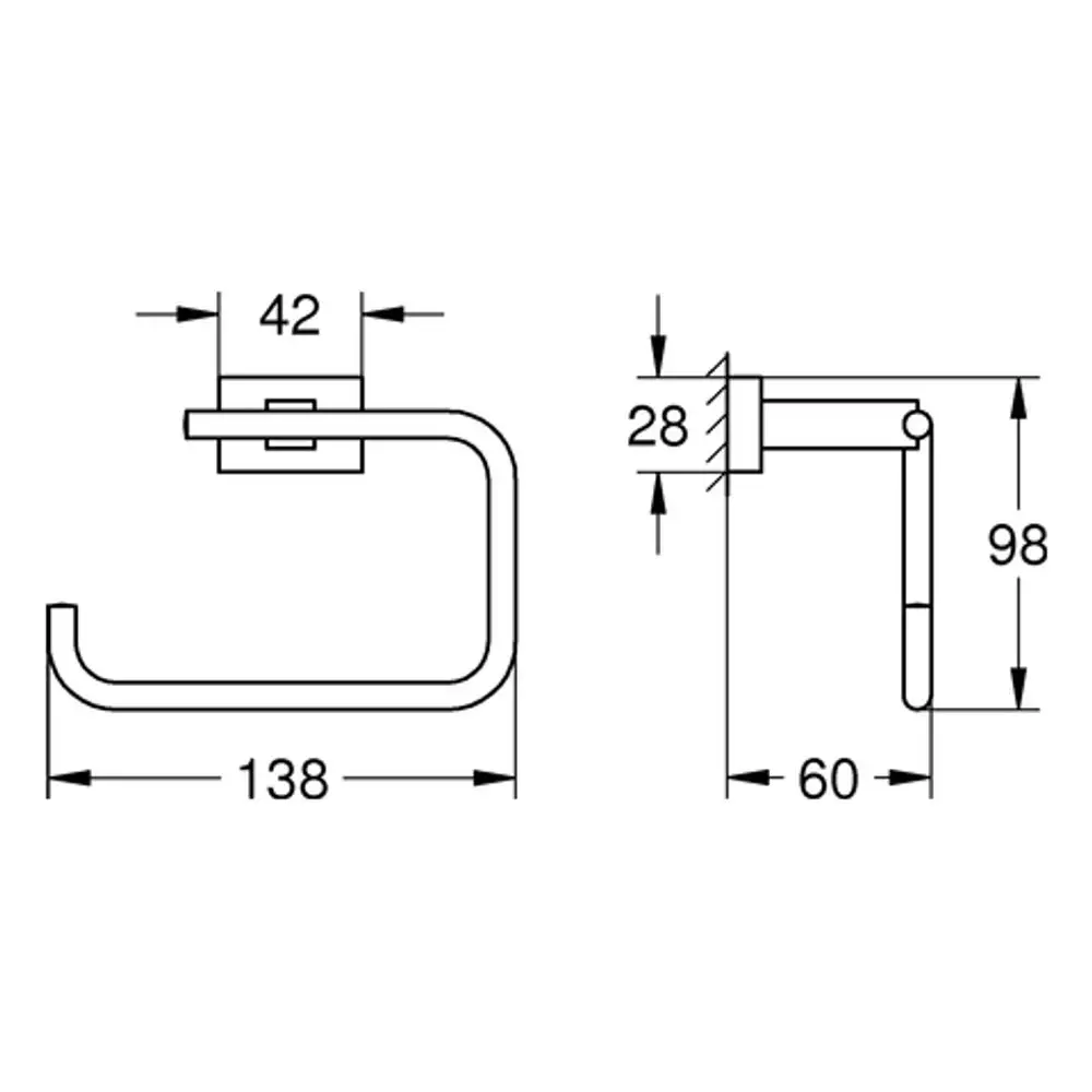 GROHE WC-Papierhalter in rechteckiger Form, ohne Deckel, mit klaren Linien und Halterung. Sichtbare Montageelemente und Abmessungen im technischen Zeichnungsstil.