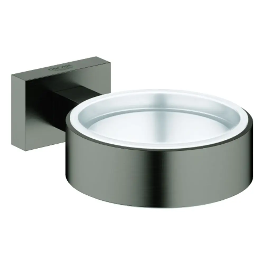 Wandhalterung von Grohe mit runder, gebürsteter Oberfläche in Hard Graphite. Eignet sich zur Befestigung eines Behälters oder einer Ablage.