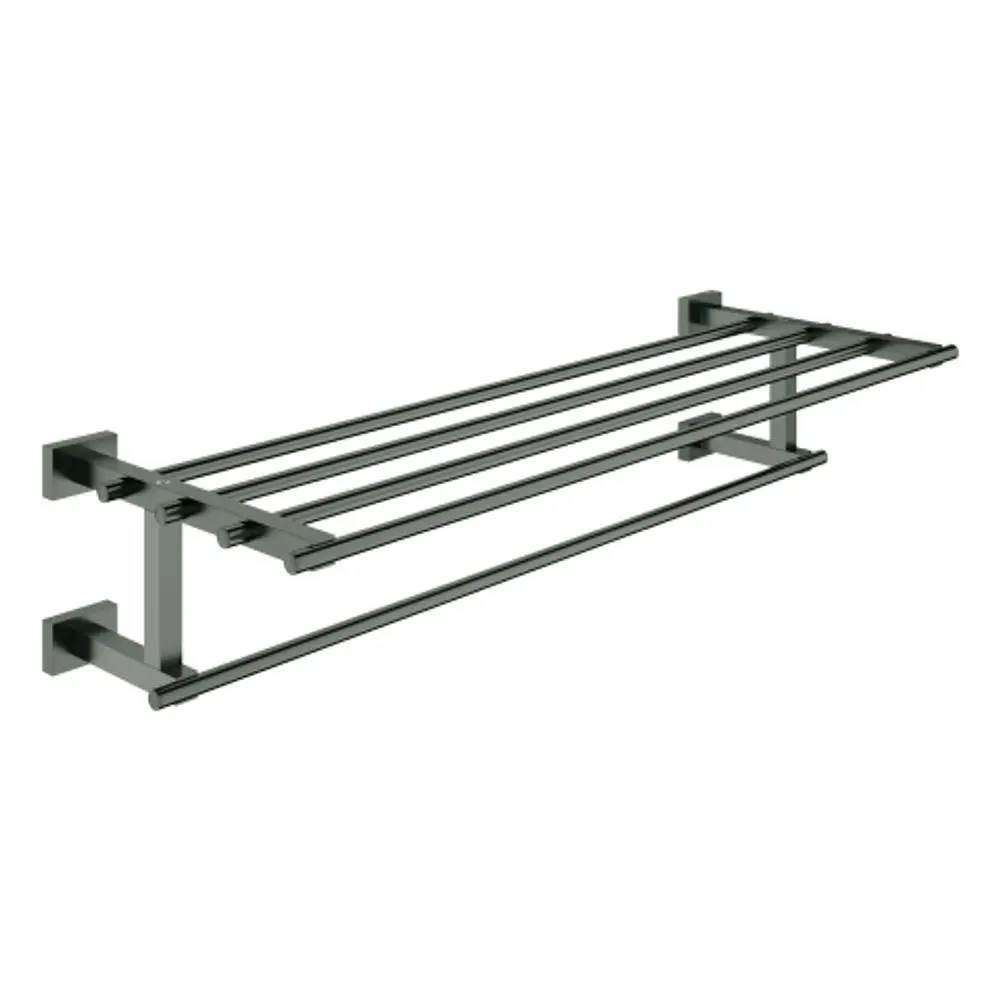 GROHE Handtuchhalter aus Metall mit mehreren horizontalen Stangen, montiert an der Wand. Die Oberfläche ist in dunklem Grafit, geeignet für Bäder.