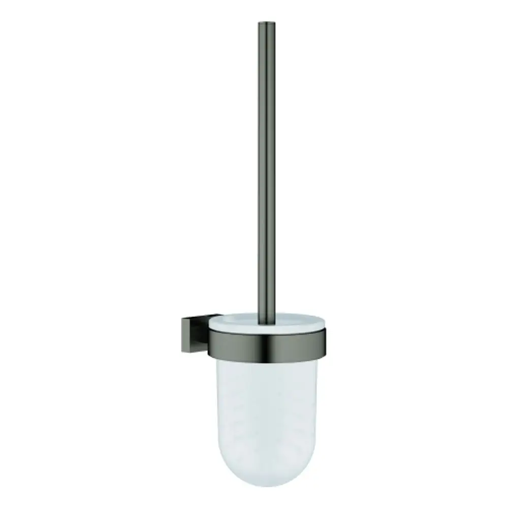 Wandmontierte WC-Bürstengarnitur von Grohe mit einem grauen Halter und einem transparenten Bürstenbehälter.