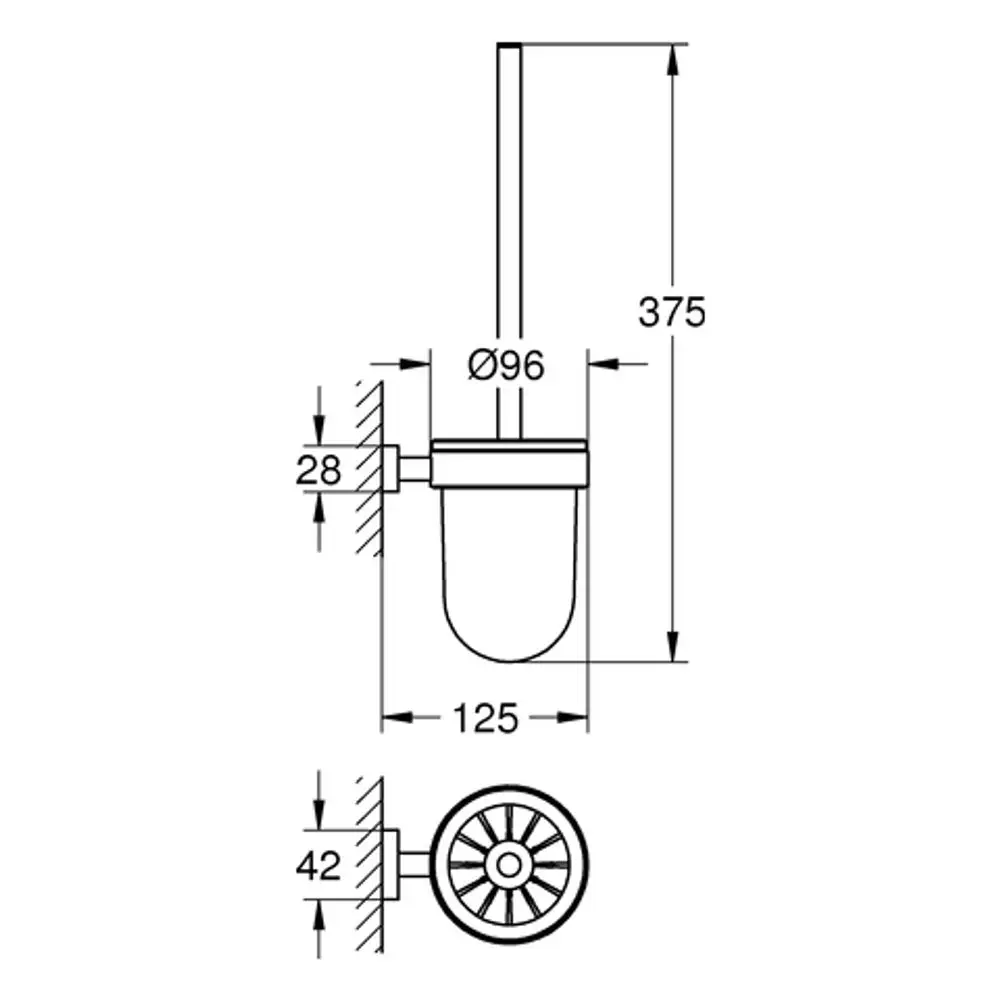 Grohe WC-Bürstengarnitur zur Wandmontage mit runder Halterung und einem klaren Design, abgebildet in einer technischen Zeichnung mit Maßen.
