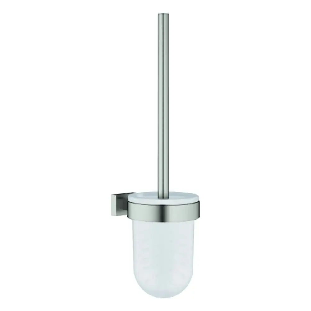 Wandmontierte WC-Bürstengarnitur aus Metall in Supersteel-Optik von Grohe, mit einem halbrunden, transparenten Bürstenbehälter und einem geraden Griff.