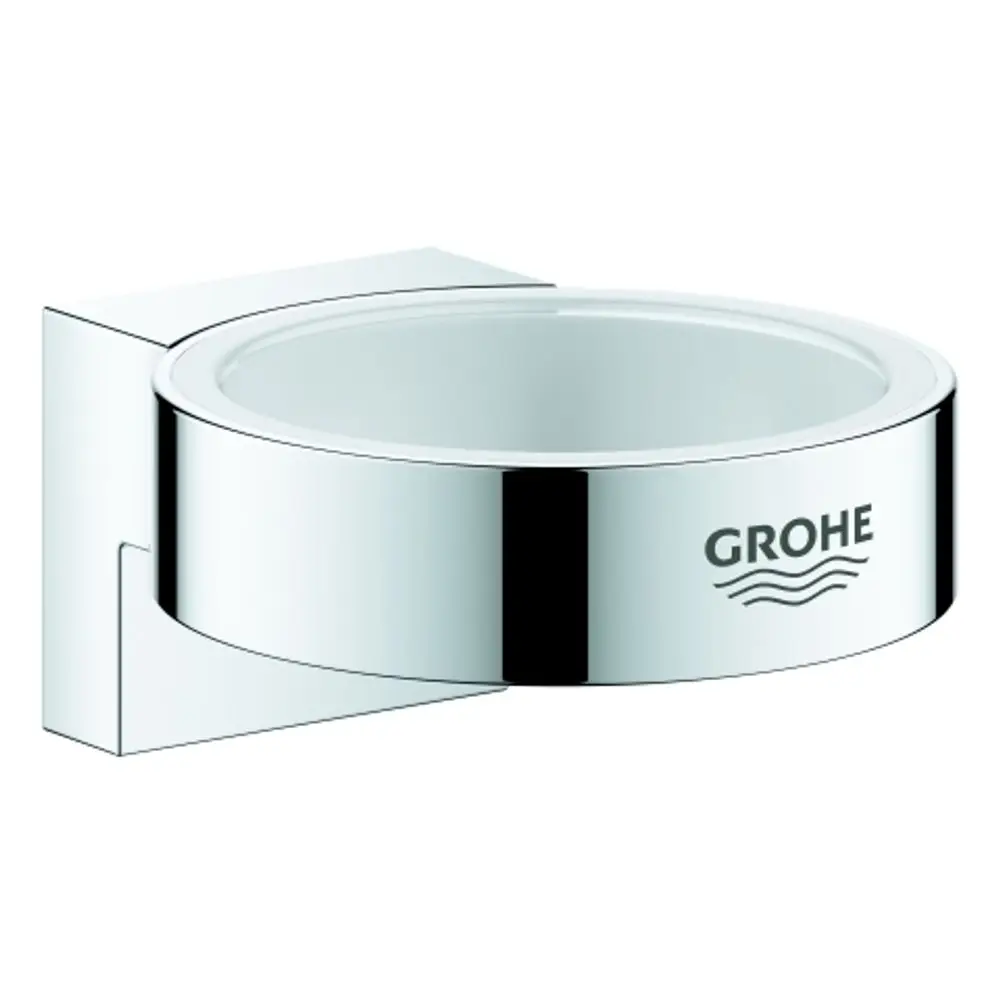 Wandhalterung aus verchromtem Metall für einen Glas- oder Seifenspender, mit dem Logo von Grohe. Runde Halterung mit rechteckiger Wandbefestigung.