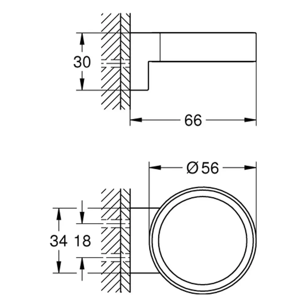 Technische Zeichnung eines Halters, vermutlich von Grohe, für einen Glas- oder Seifenspender. Sichtbare Maße und Schnittansichten sind dargestellt.