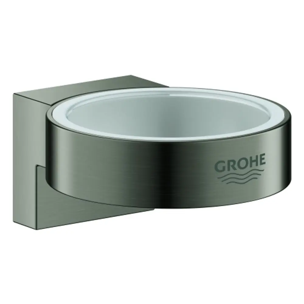 Wandmontierter Halter von Grohe für einen Glas- oder Seifenspender in einer matten, grauen Oberfläche.