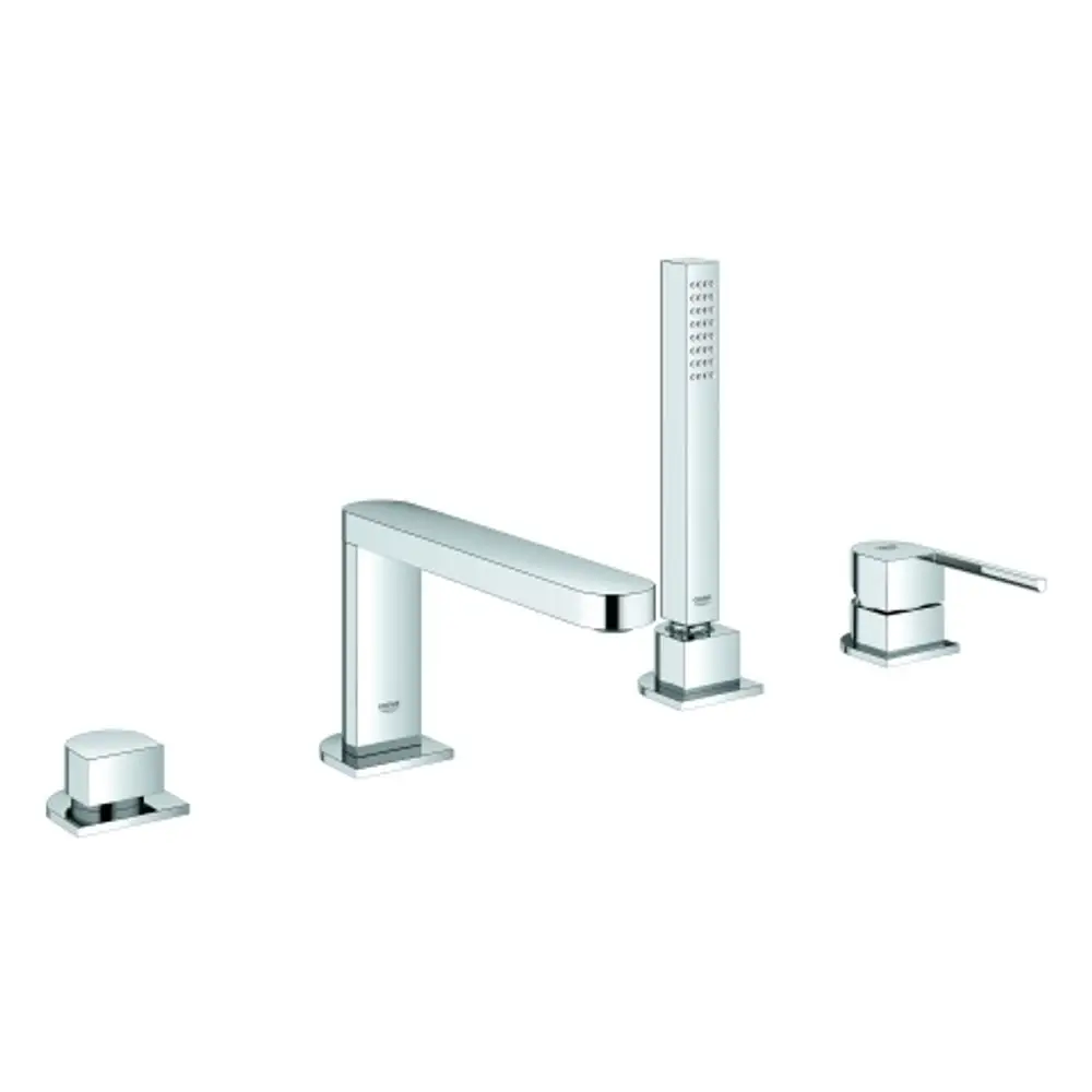 Grohe Wannenarmatur mit vier separaten Komponenten: ein Hauptauslauf, ein Handbrause-Wasserhahn und zwei Steuerhebel, alles in verchromter Optik.