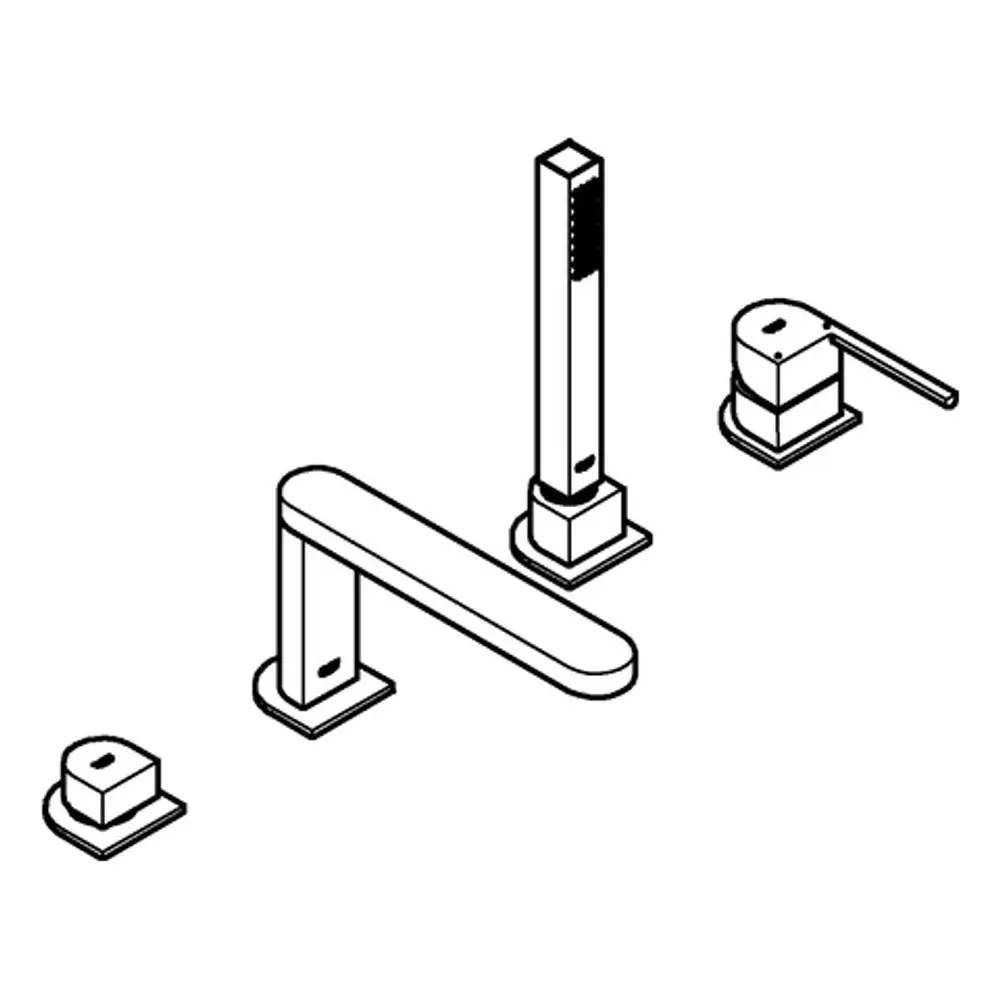 Grohe-Wannenkombination mit vier Anschlüssen, bestehend aus einem Wasserhahn, einer Spout-Einheit und zwei Steuergriffen in geometrischem Design.