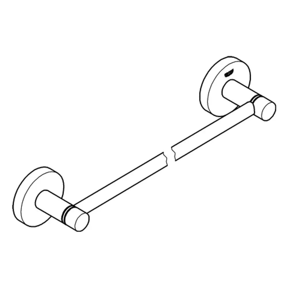 GROHE Badetuchhalter mit gebürstetem Finish, montiert zwischen zwei Wandhalterungen, gerade und sichtbar beschädigt an der Halterung in der Mitte.