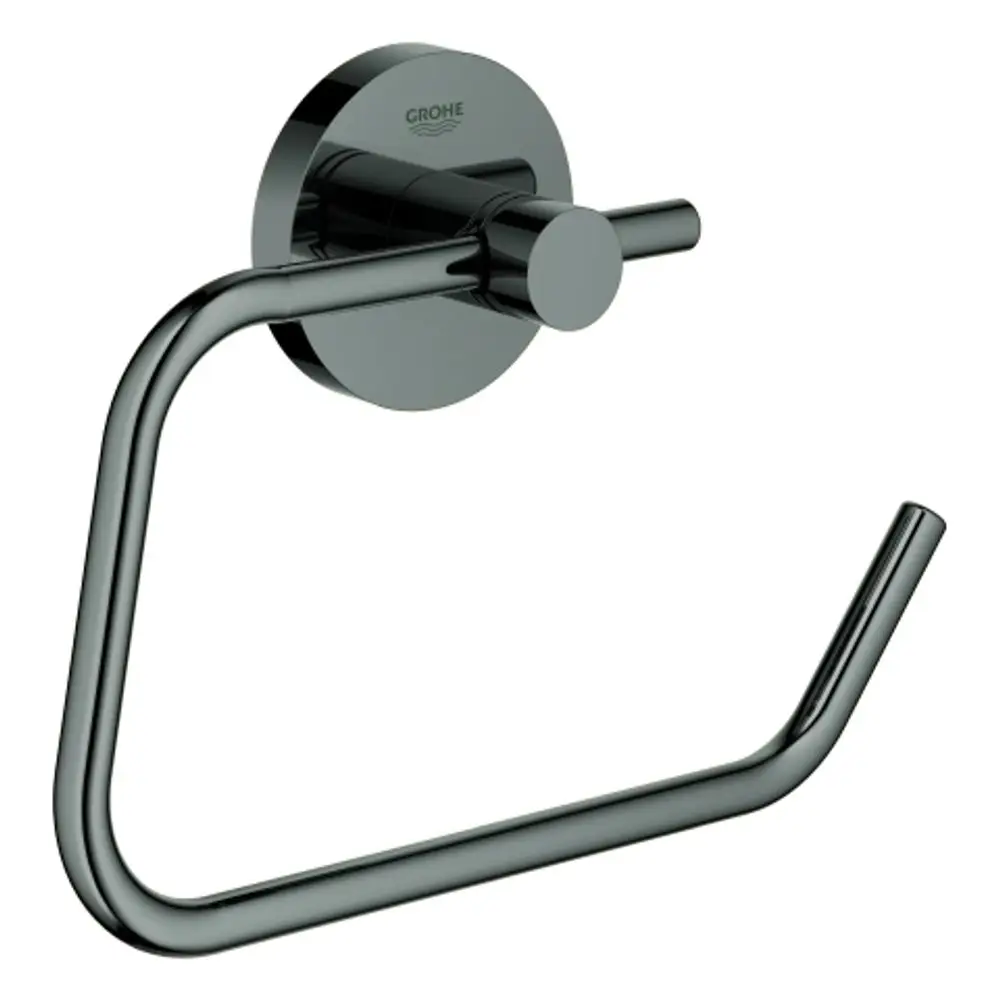 GROHE WC-Papierhalter in hard graphite, montiert an einer Wand. Der Halter hat eine runde Wandplatte und eine schlichte, offene Halterung für Toilettenpapier.
