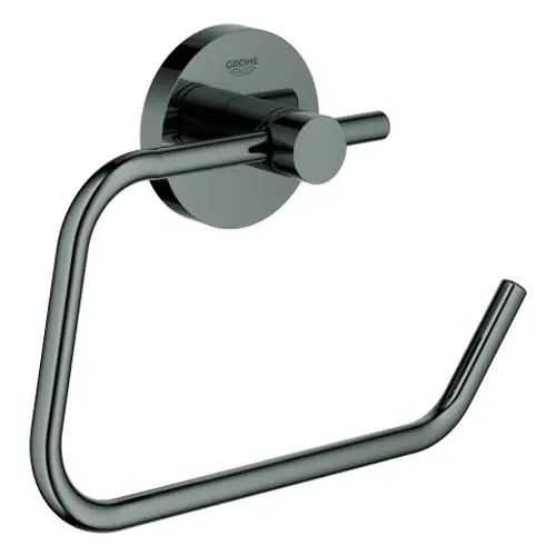 GROHE WC-Papierhalter in hard graphite, montiert an einer Wand. Der Halter hat eine runde Wandplatte und eine schlichte, offene Halterung für Toilettenpapier.