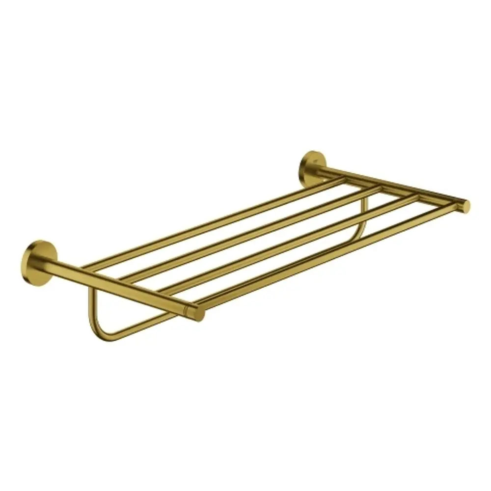 Wandmontierter Handtuchhalter in Gold von Grohe mit mehreren Stangen für die Aufhängung von Handtüchern, minimalistisches Design, genannte Wandbefestigungen.