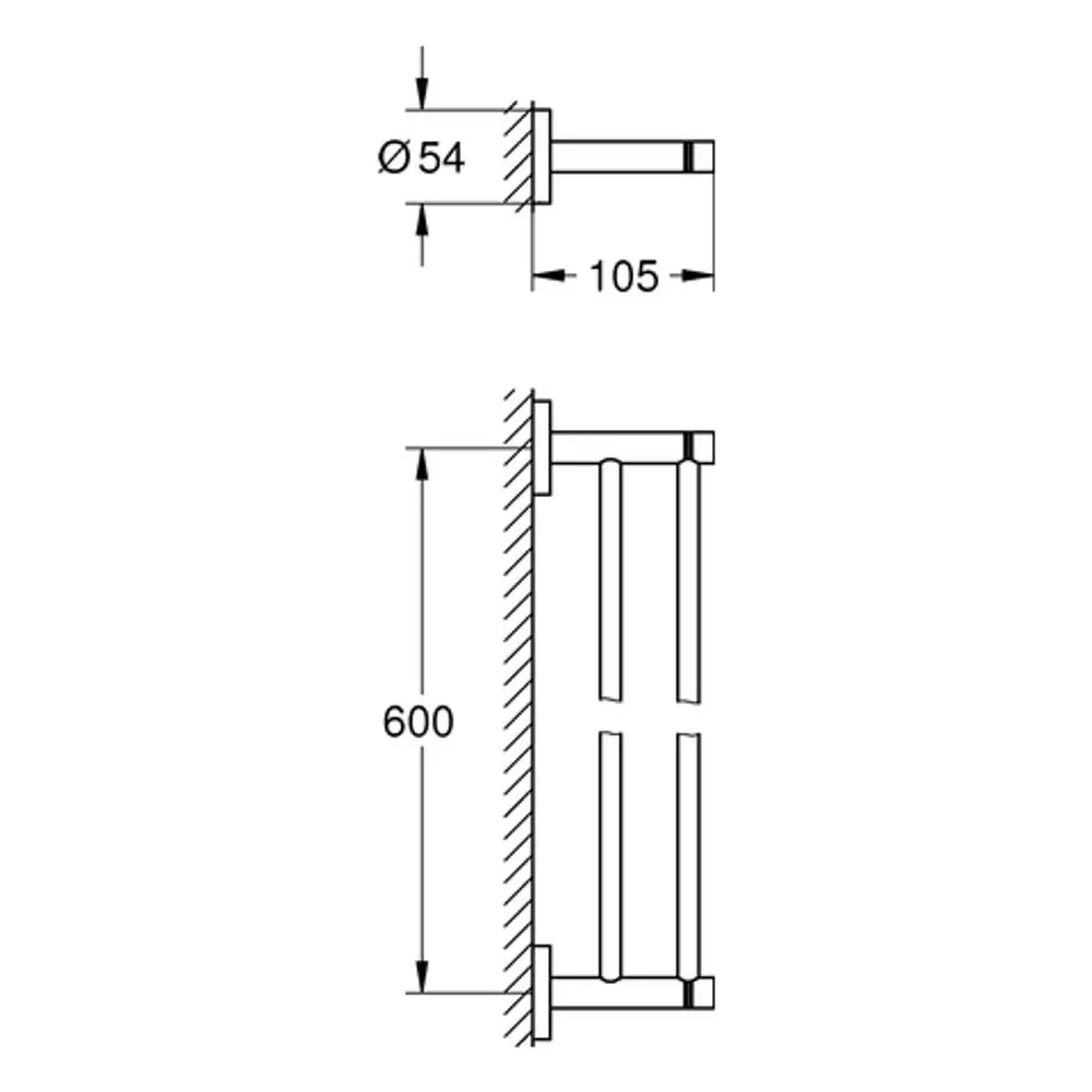 Grohe Badetuchhalter mit zwei horizontalen Stangen zur Wandmontage, sichtbar sind die Maßen zum Montageabstand und die Halterung.