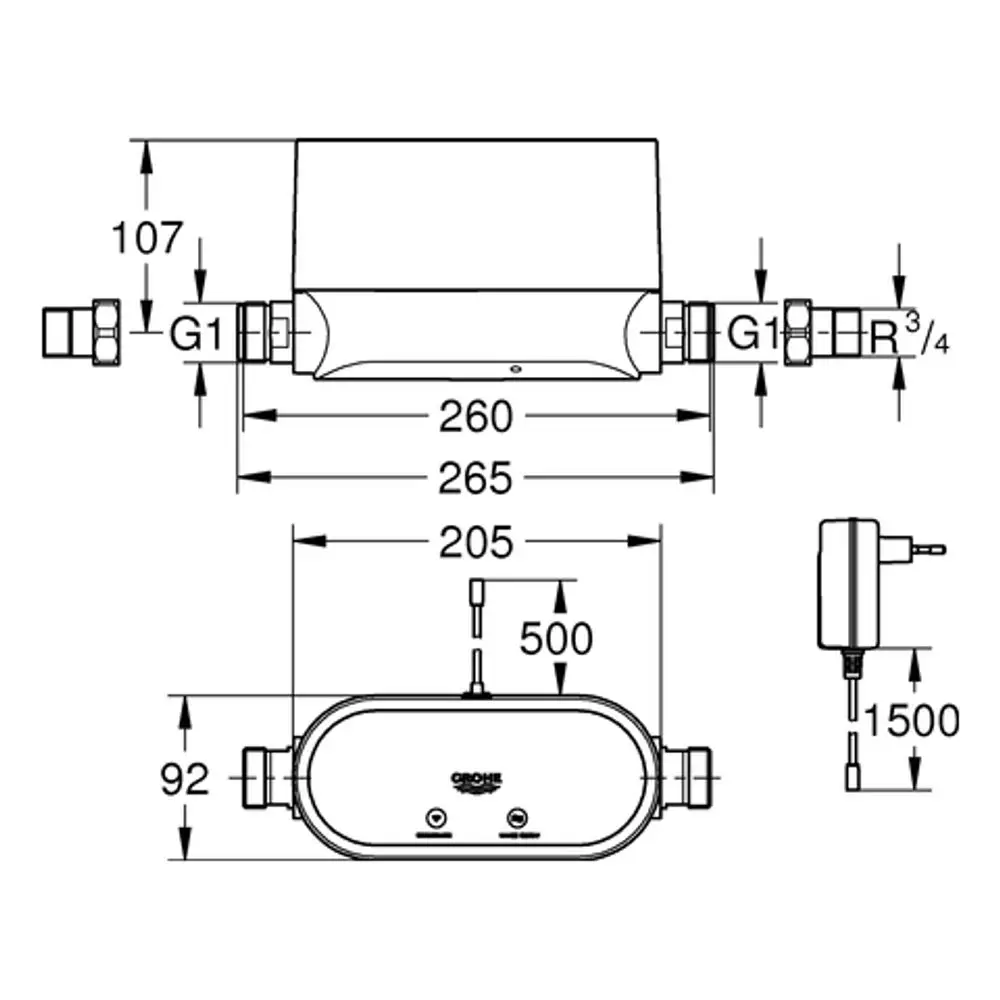Grohe Wassersteuerung mit klar strukturiertem Design, Anschlussmöglichkeiten und einem externen Netzteil, dargestellt in einer technischen Zeichnung mit Maßangaben.