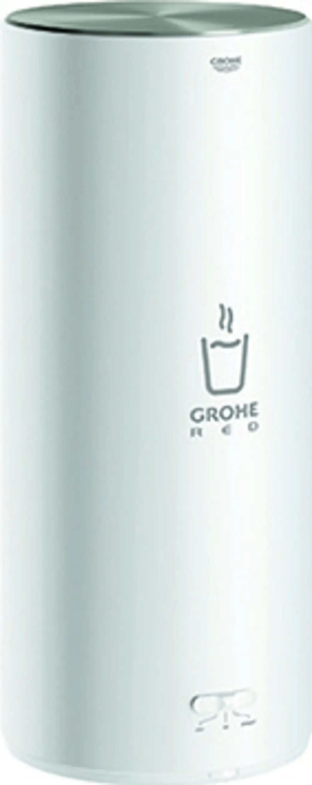 Weißer Grohe Boiler mit runder Form und einem Logo, das einen dampfenden Becher zeigt, für die Bereitstellung von kochendem und warmem Wasser.