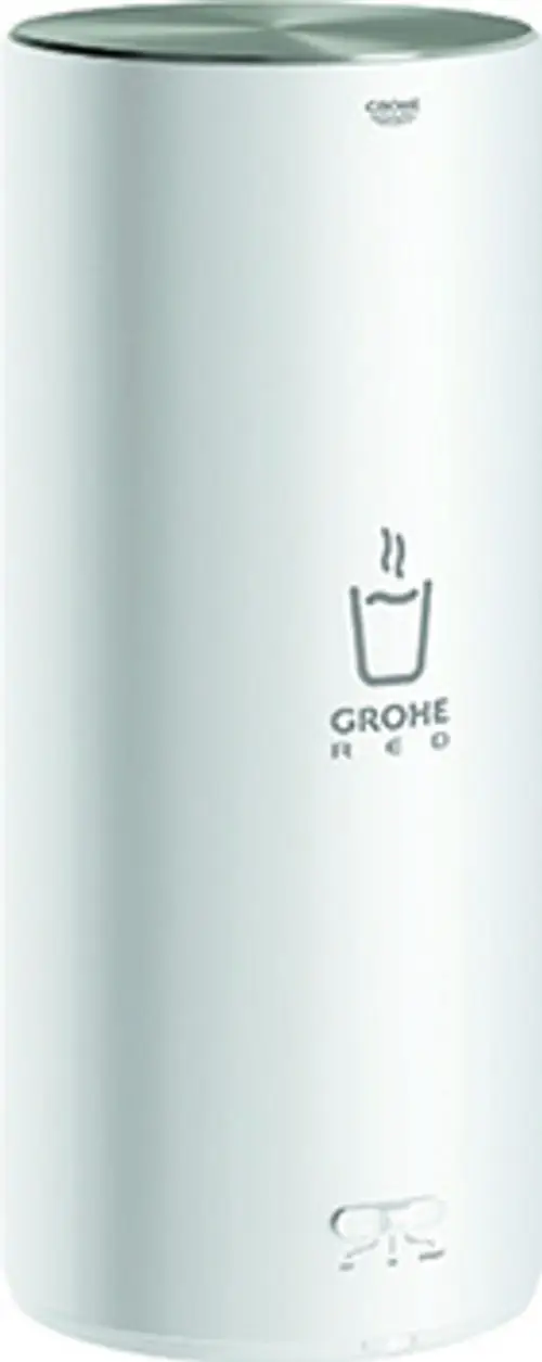 Weißer Grohe Boiler mit runder Form und einem Logo, das einen dampfenden Becher zeigt, für die Bereitstellung von kochendem und warmem Wasser.