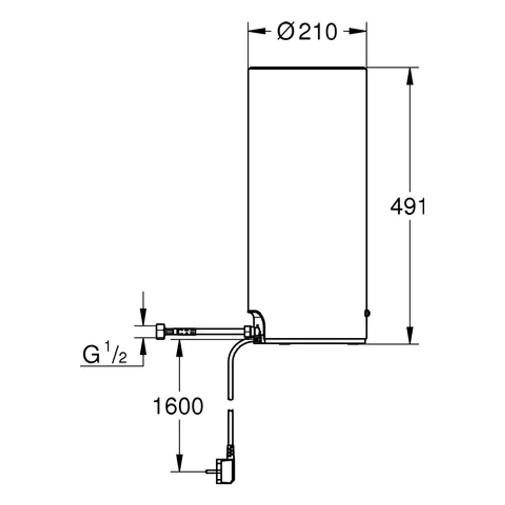Weißer Grohe Boiler mit einer Höhe von 491 mm und einem Durchmesser von 210 mm. Anschlüsse für Wasserzu- und -abfluss seitlich angebracht.