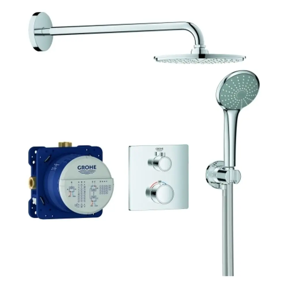 Duschsystem von Grohe mit Kopfbrause, Handbrause und Wandmontage. Enthält Mischsystem und Steuerungselemente in chromfarbener Ausführung.