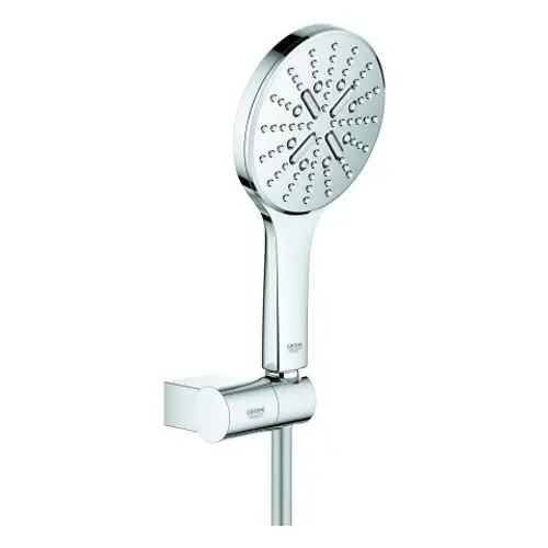 Grohe Duschkopf mit verstellbarem Wandhalter in chrom. Der Duschkopf hat ein rundes Design mit mehreren Wasserstrahloptionen.