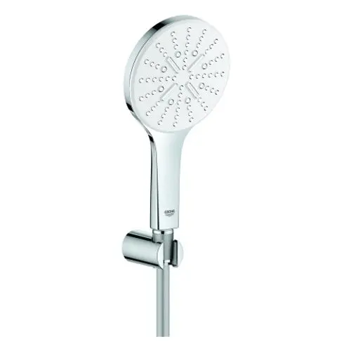 Grohe Handbrause mit runder Kopfpartie und mehreren Auslassöffnungen, montiert an einem Halter, der eine flexible Wandmontage ermöglicht.