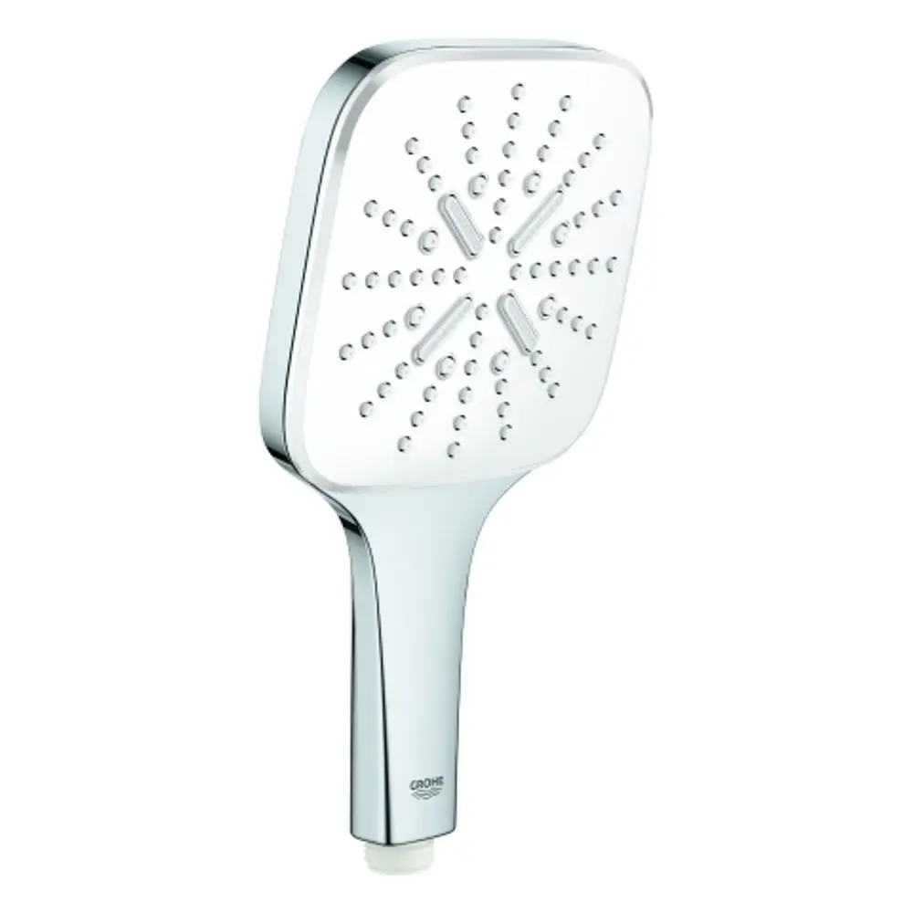 Grohe Handbrause mit flachem, quadratischem Kopf und glatter Oberfläche in Chrom und Weiß. Dicht beieinander angeordnete Düsen auf der Oberseite.