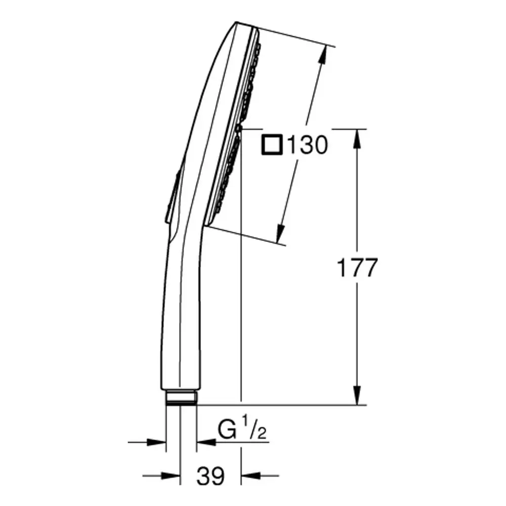 Handbrause von Grohe in weißem und chromfarbenem Design, mit einer ergonomischen Form und einer Anschlussgröße von G½, dargestellt in technischen Maßen.