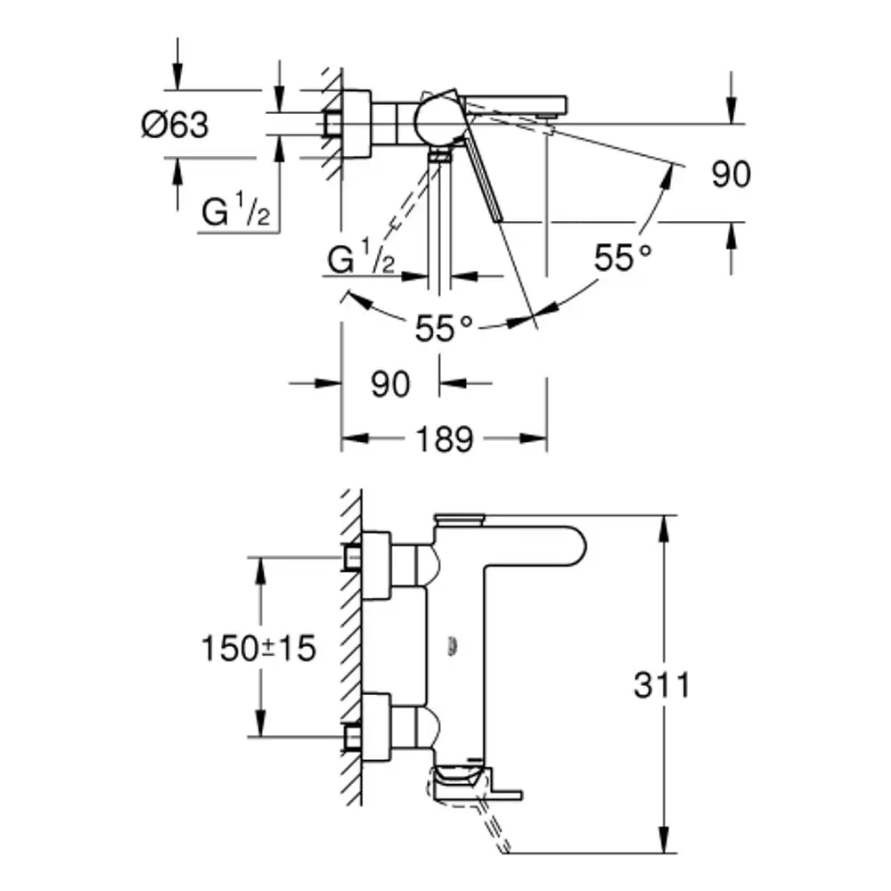 Grohe-Wannenbatterie mit Wandmontage, sichtbare Anschlüsse und Steuerungselemente. Zeichnung zeigt Details wie Maße und Montageinformationen.