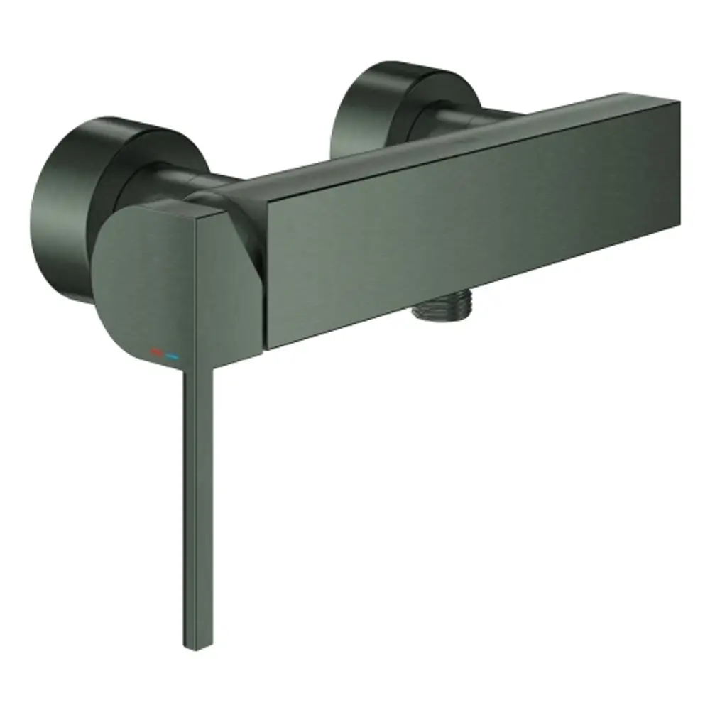 Wandmontierte Brausebatterie in gebürstetem Graphit von Grohe. Das Design zeigt eine rechteckige Form mit einem klaren Wasserhahn und zwei rundem Steuerknopf für Temperatur und Durchfluss.