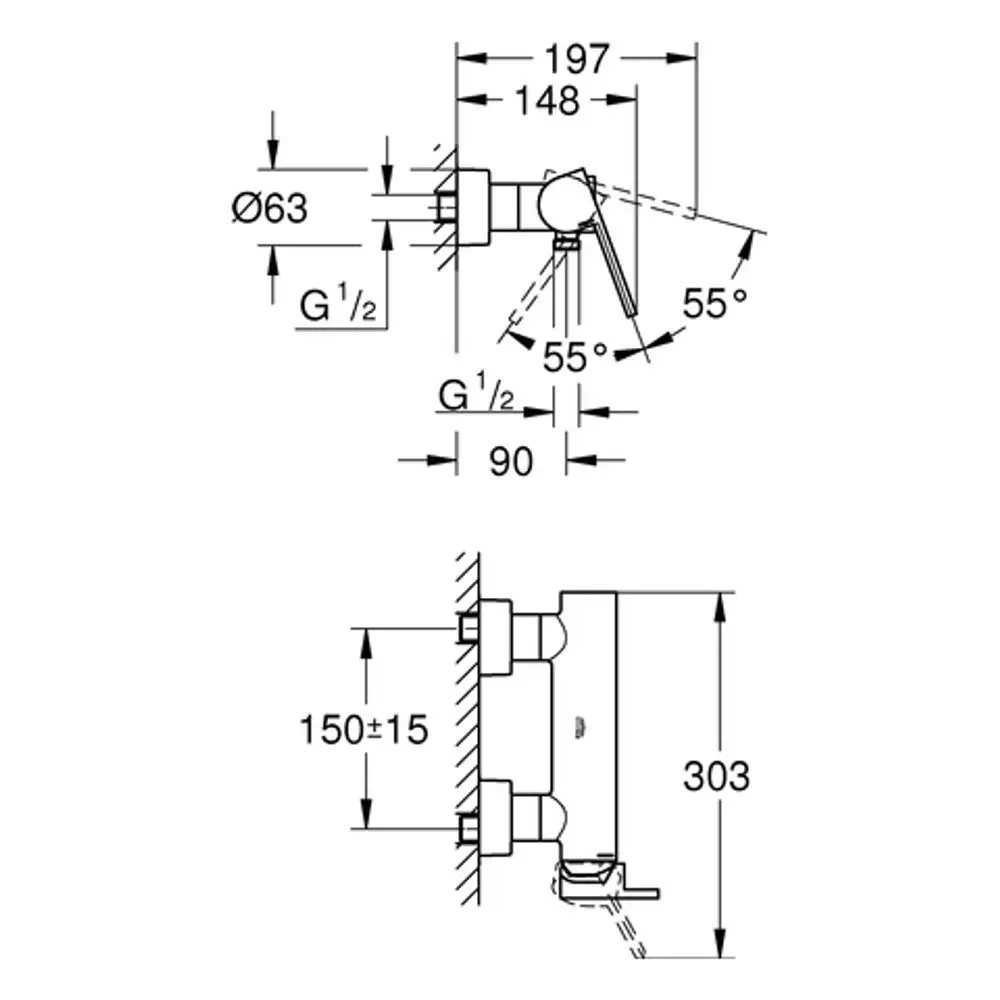 Wandmontierte Mischbatterie von Grohe mit zwei Auslässen, detaillierte technische Zeichnung, Maßangaben und Montagehinweise.