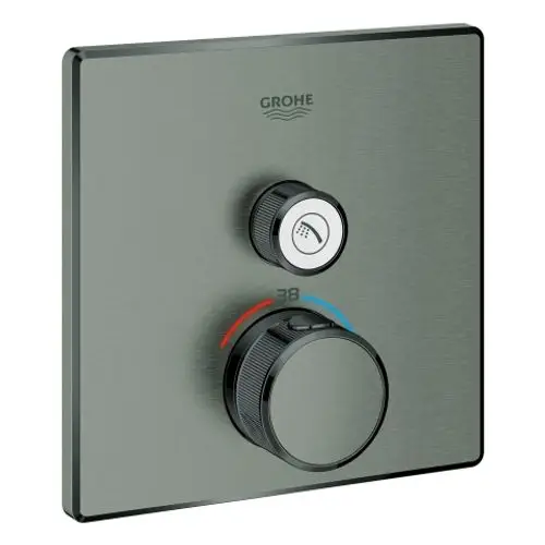 Thermostat von Grohe mit runden Bedienelementen für Temperatur- und Wasserflussregelung. Gehäuse in dunklem Graphit mit skalierten Anzeigen.