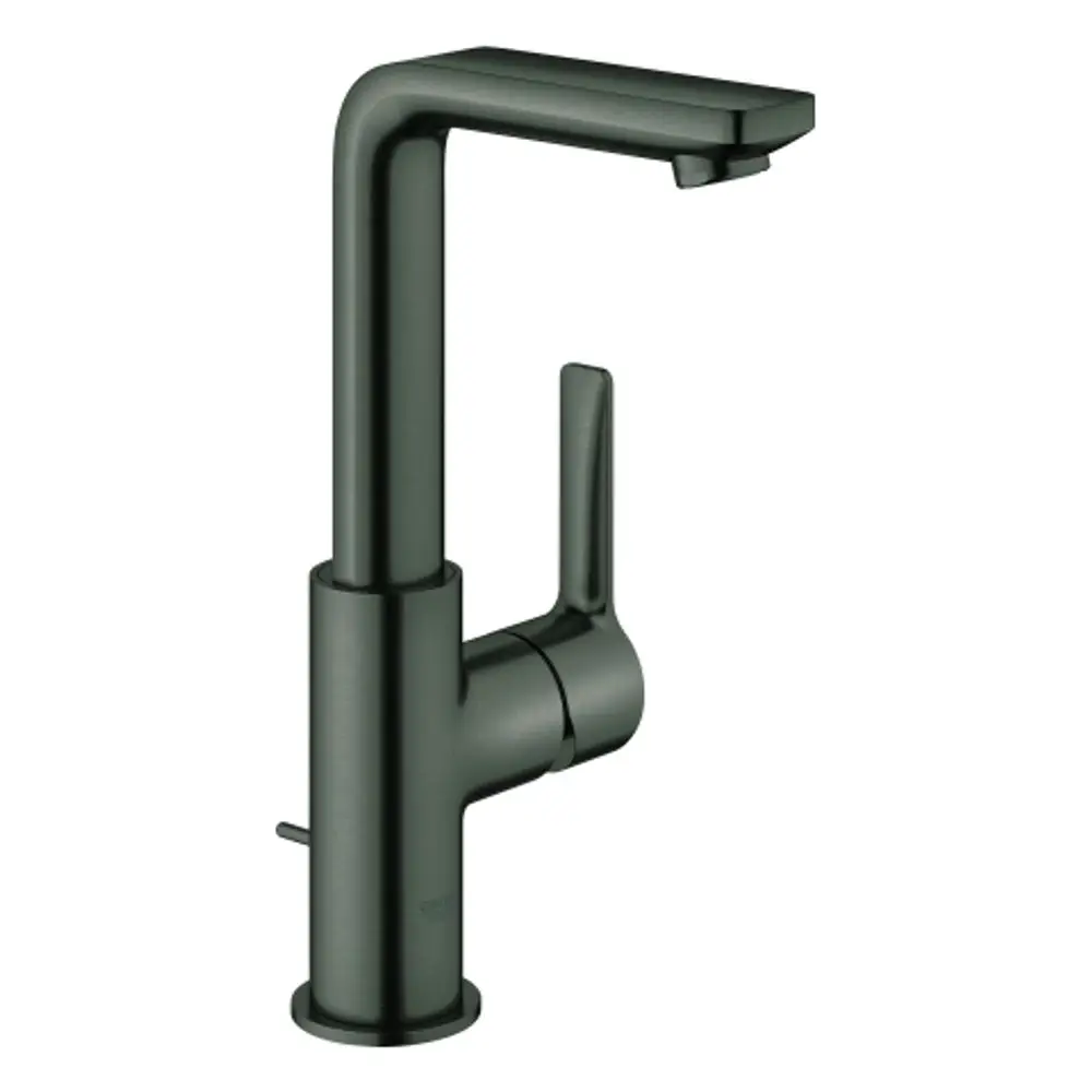 Grohe Einhand-Waschtischbatterie in gebürsteter Hartgrafit-Optik. Der Wasserhahn hat eine gerade, moderne Form mit einem seitlichen Hebel zur Steuerung des Wasserflusses.