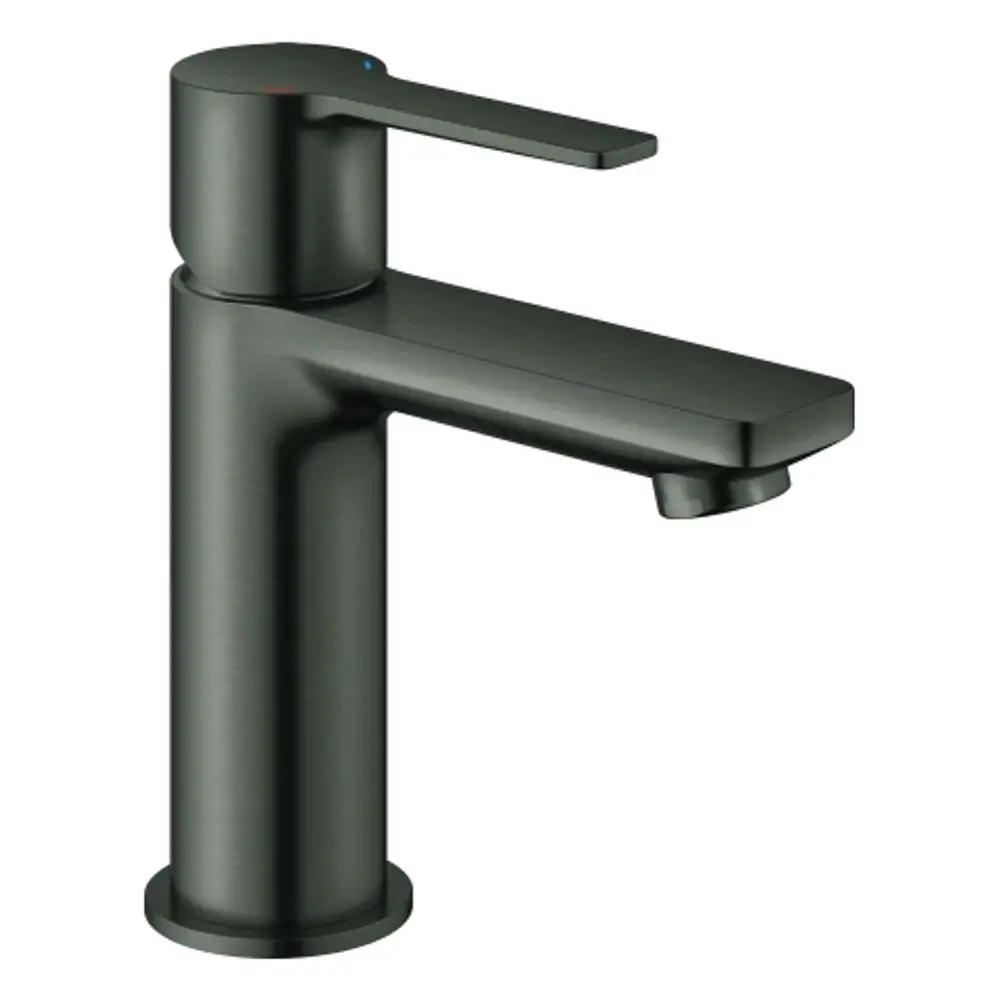 Einfache Grohe-Wasserarmatur in mattschwarzer Farbe mit einer langen geraden Auslaufform und einem hebelartigen Bediengriff.