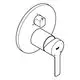 GROHE Wasserhahn mit runder Basis und seitlichem Hebel. Der Hebel ist schmal und die Oberfläche ist klar strukturiert. Design für Wandmontage erkennbar.